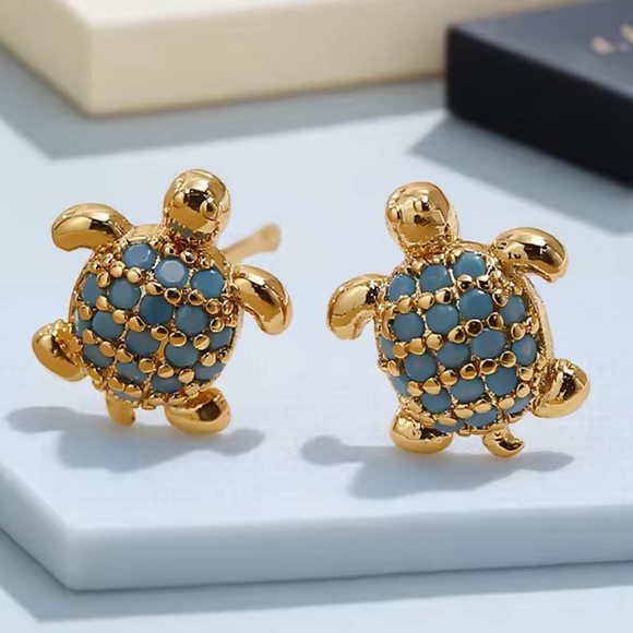 Anthropologie Jewelry - Petite Turtle Gold Blue Earrings